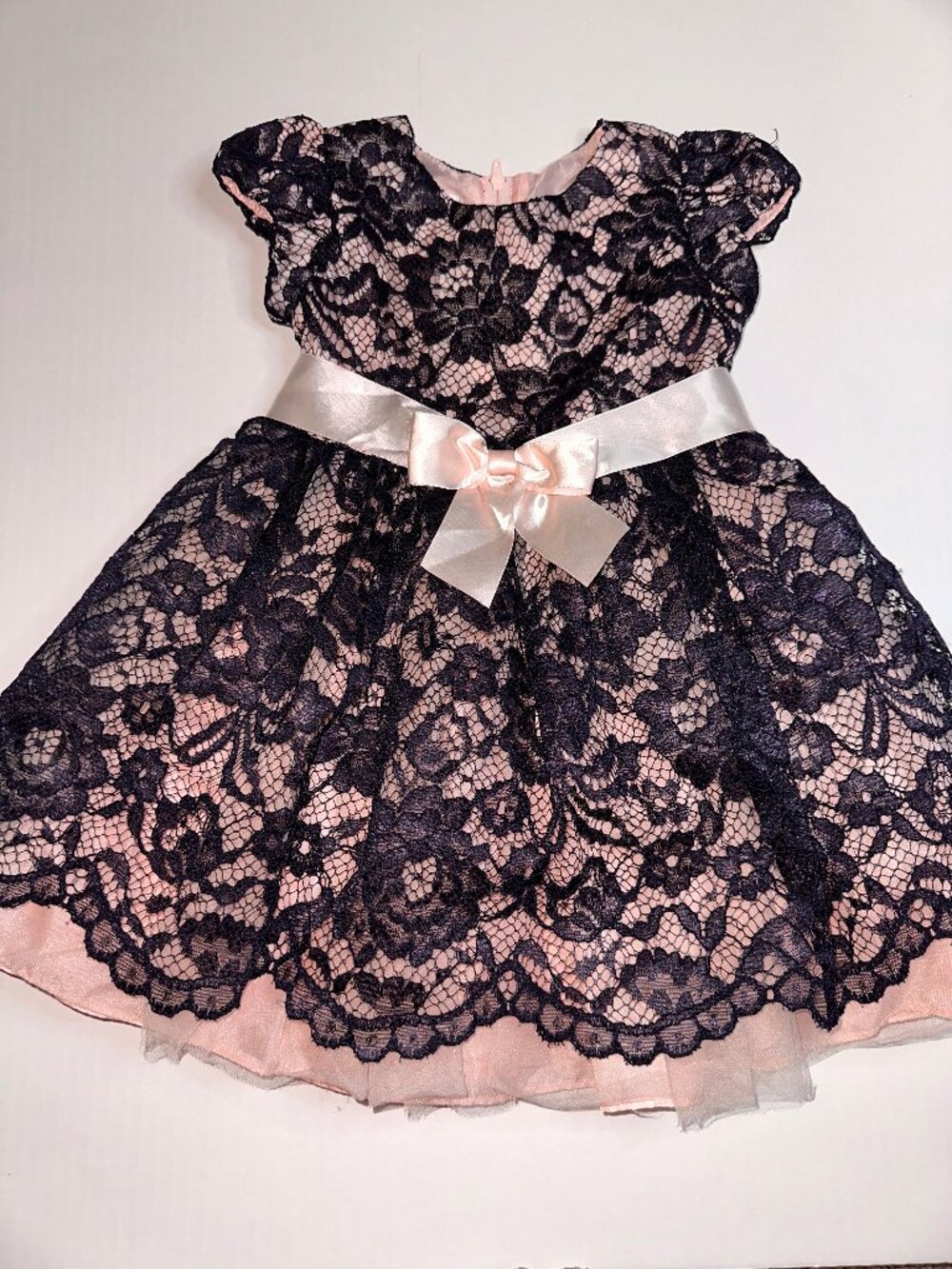 Bonnie Baby Girls 24M Navy & Pink Lace Fit & Flare Bow Puff Sleeve Dress #740